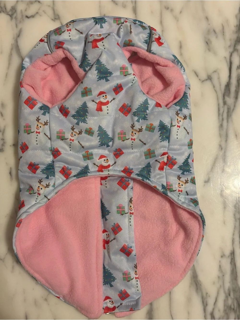 Holiday Snowman Pink-Trim Dog Puffer Vest / Jacket